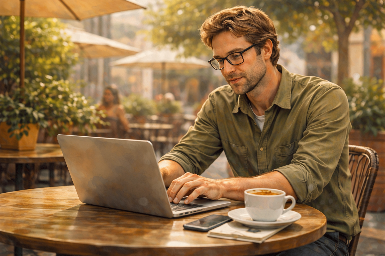 Person seated outdoors at a cafe table working on a laptop