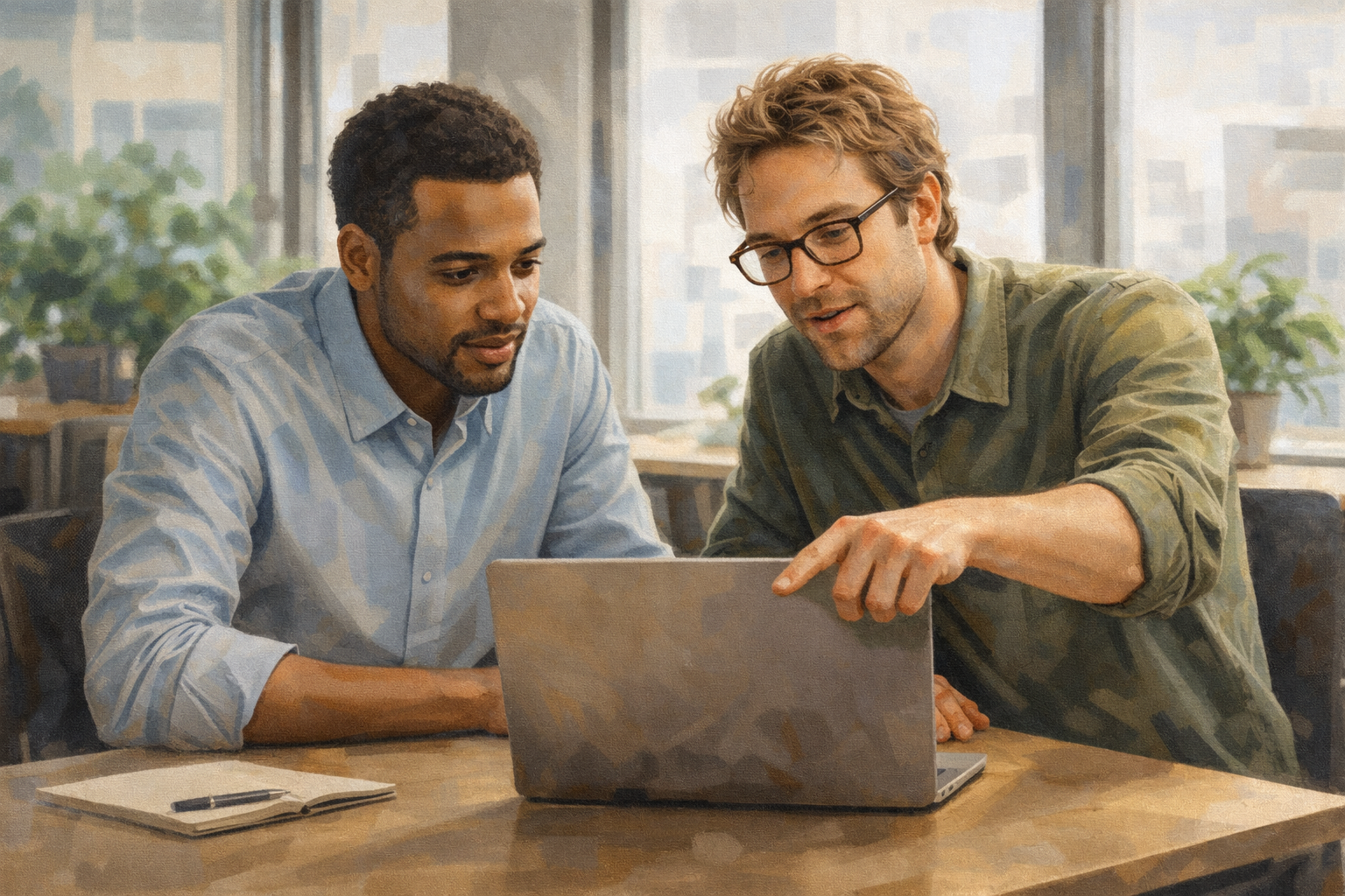 Two people in a bright office discussing options on a laptop screen