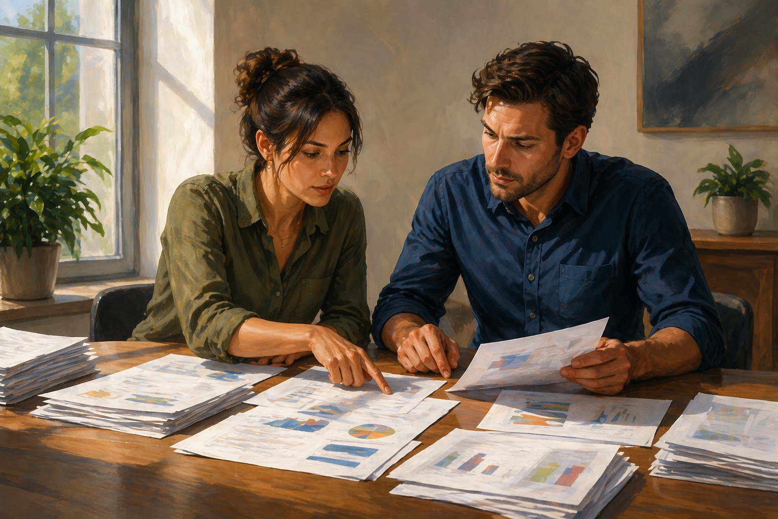 Two people sorting through printed affiliate reports spread across a table, separating them into groups