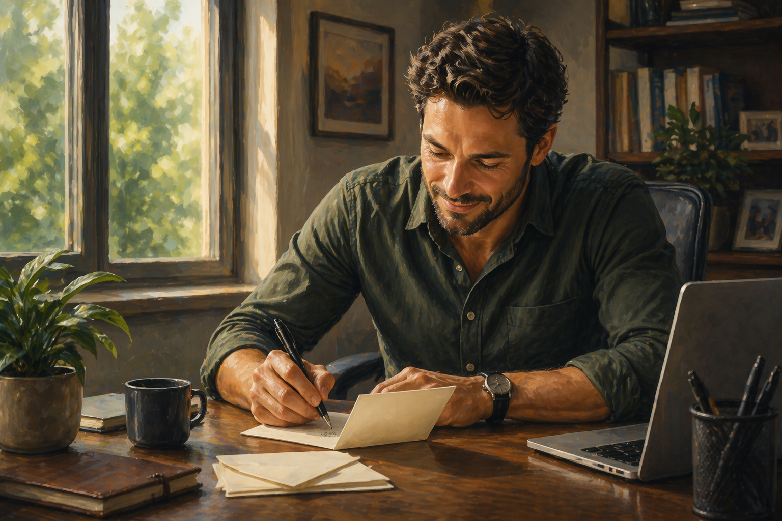Person making a friendly phone call standing near a bright window, relaxed and engaged