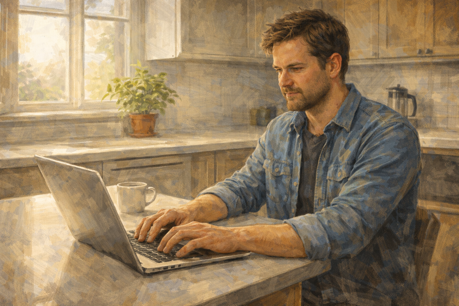 Person writing a focused email sequence at a laptop with morning light