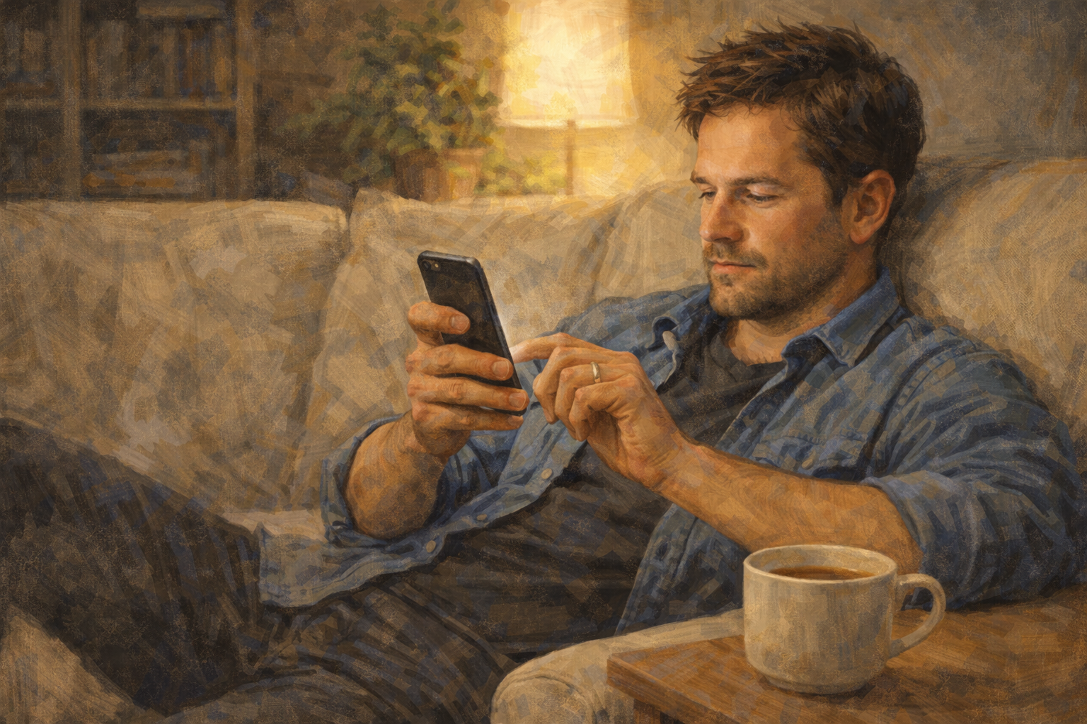 Person reading on their phone at a home setting, relaxed and engaged