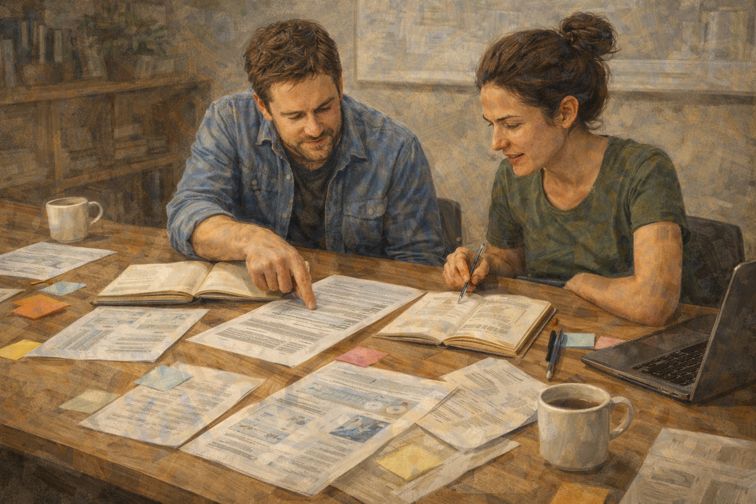 Small team gathered around a table with notebooks and printed documents, heads down and working together