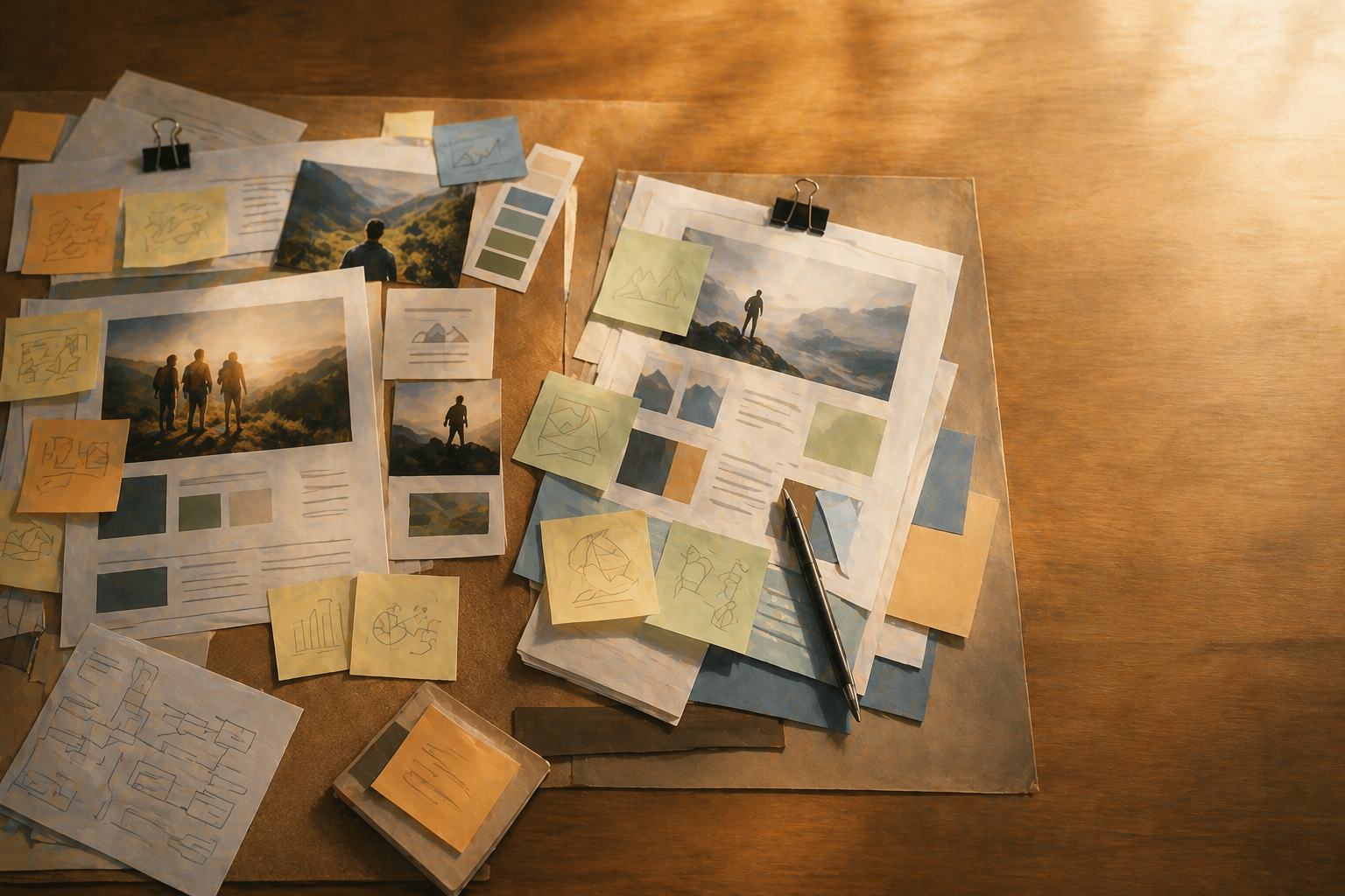 Two people at a table in a casual workspace, one leaning forward, pointing at something on a printed sheet, the other taking notes