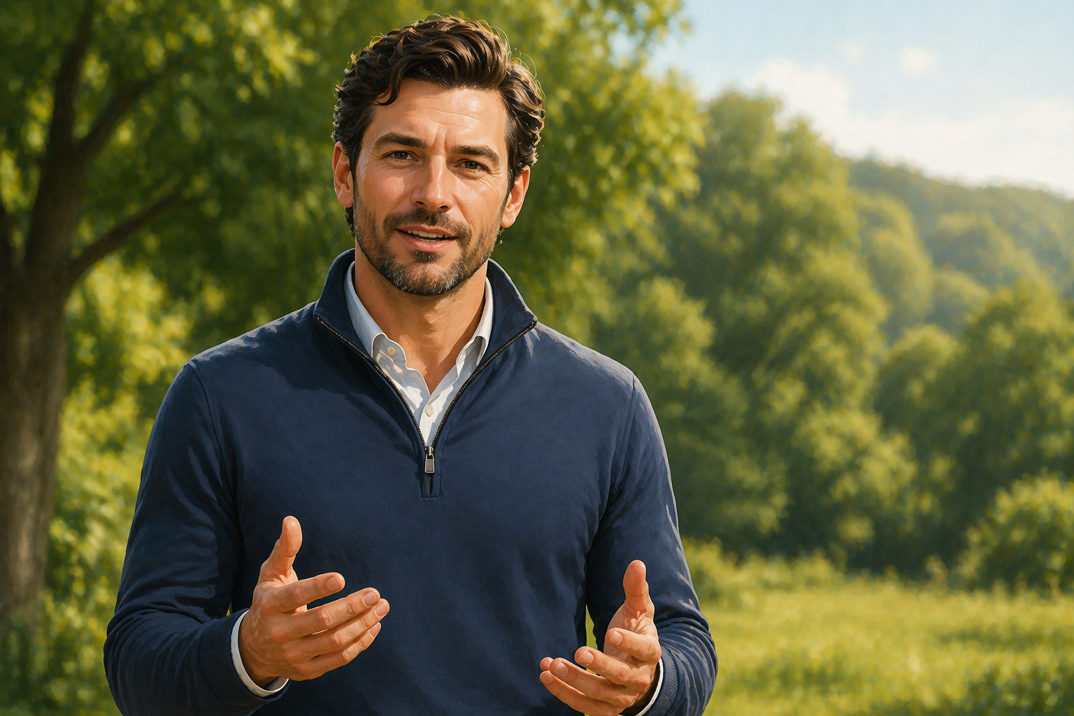 Person standing outdoors in a natural setting, speaking confidently toward the viewer