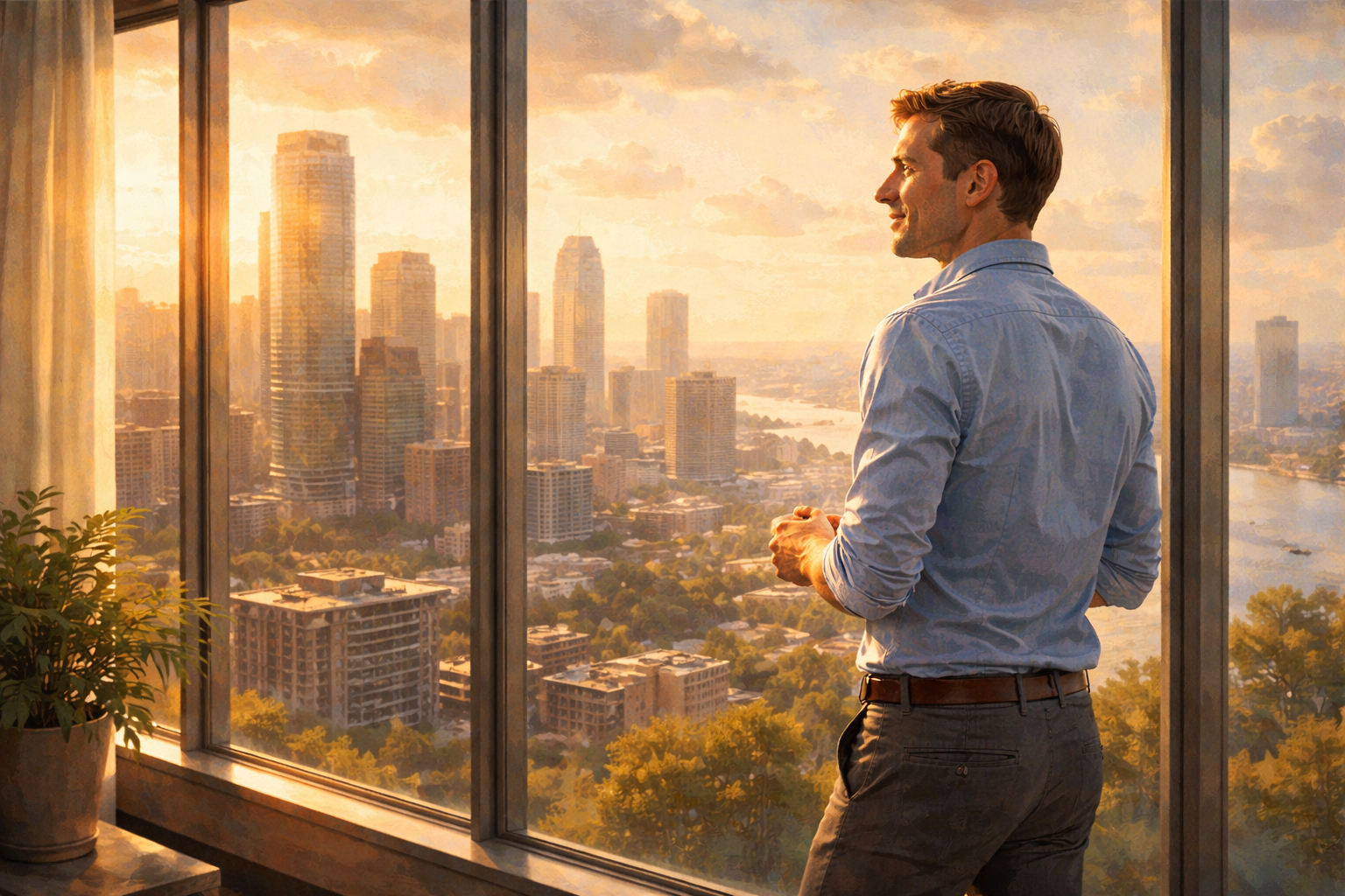 A person standing at a large window overlooking a city skyline, relaxed and satisfied, quiet moment of success