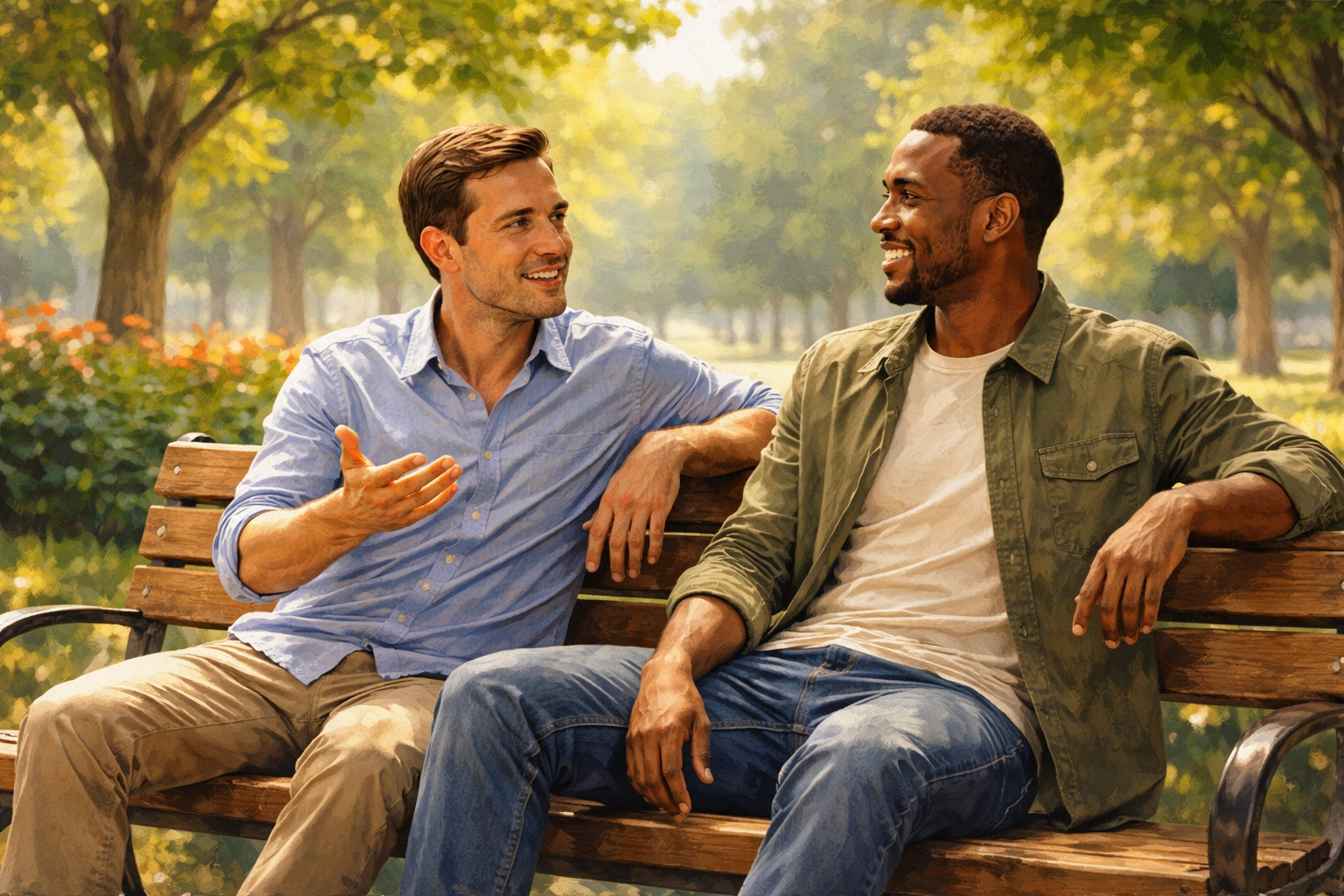 Two people having a relaxed confident conversation outside on a bench, one gesturing openly while the other listens