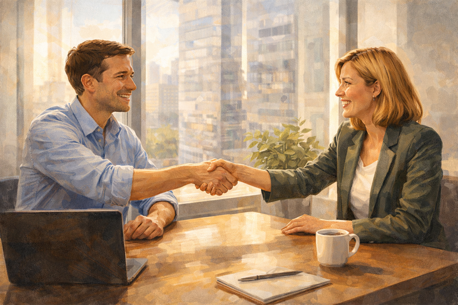 Two professionals shaking hands in a bright modern office, both smiling genuinely, natural window light