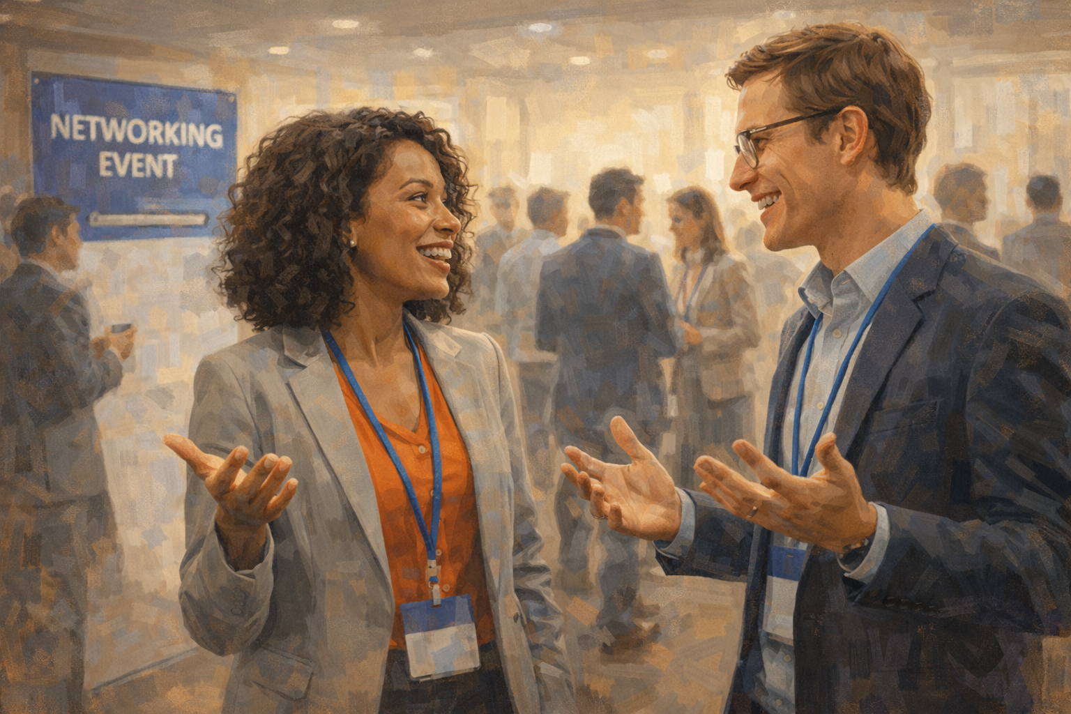 Two people at a conference talking animatedly near a networking event sign, both engaged and smiling