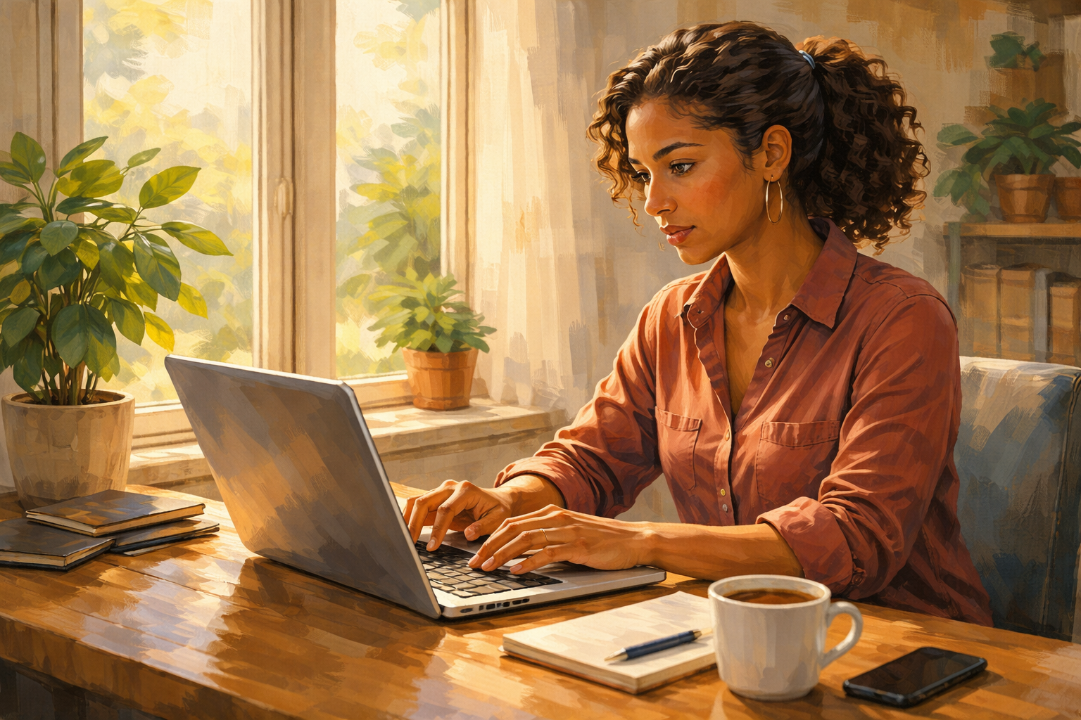 Person typing an email at a laptop near a bright window, focused and purposeful, morning light