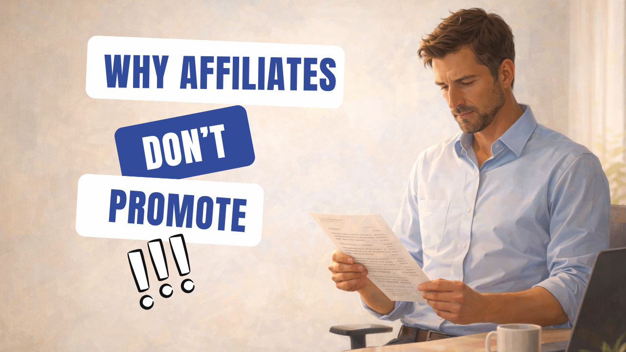 Affiliate manager reviewing a printed list at a clean desk, open negative space on the left side of the frame