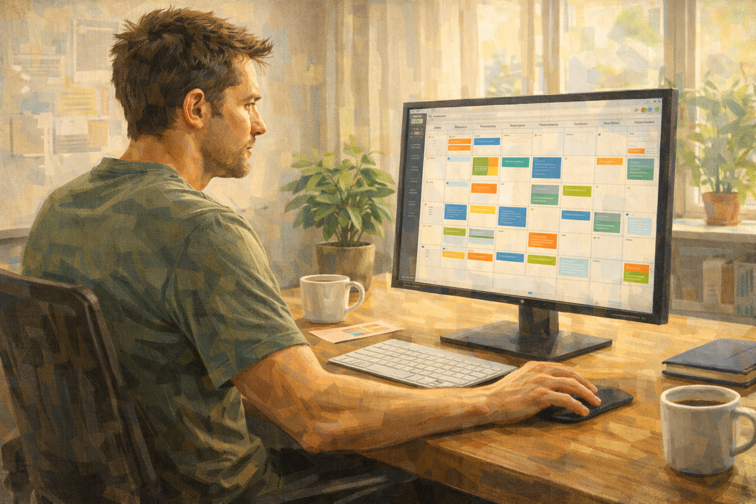Person in a bright office space reviewing a calendar on a monitor, one hand on the desk, focused and deliberate