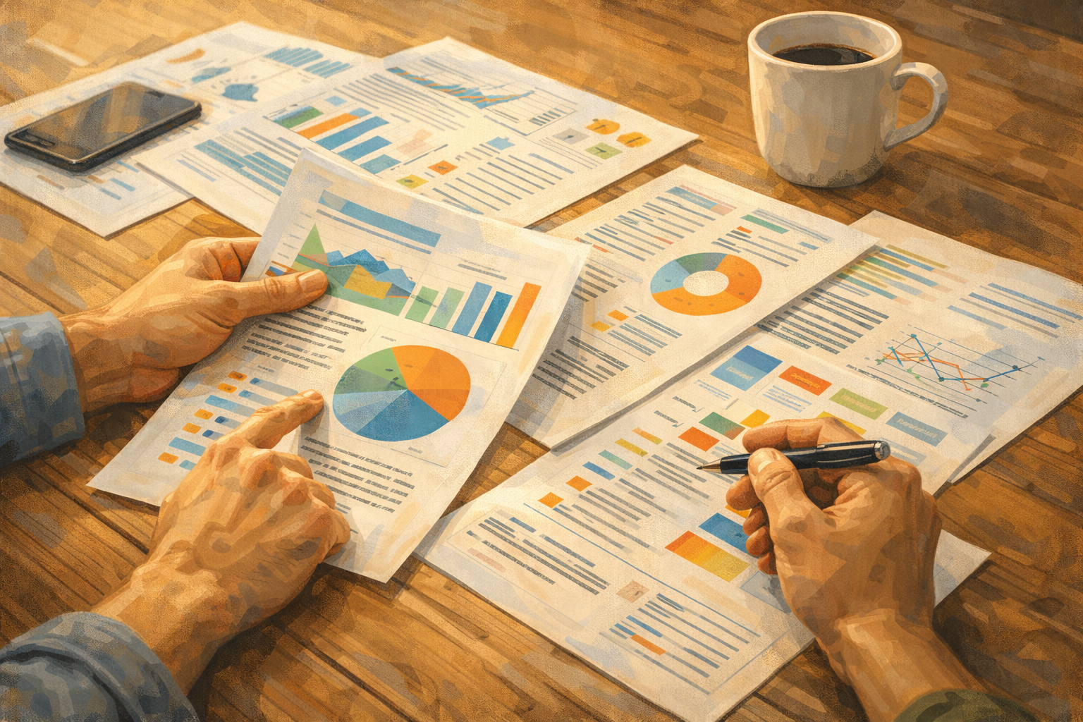 Close-up of hands reviewing printed marketing materials at a well-lit wooden table, organized and purposeful