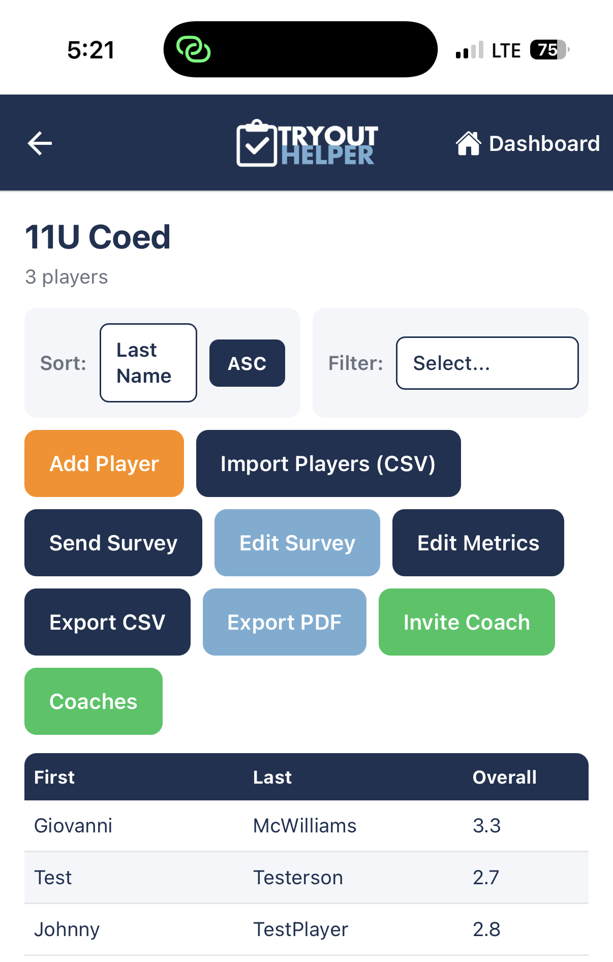 TryoutHelper dashboard showing player roster with overall ratings, sort and filter controls, and export options