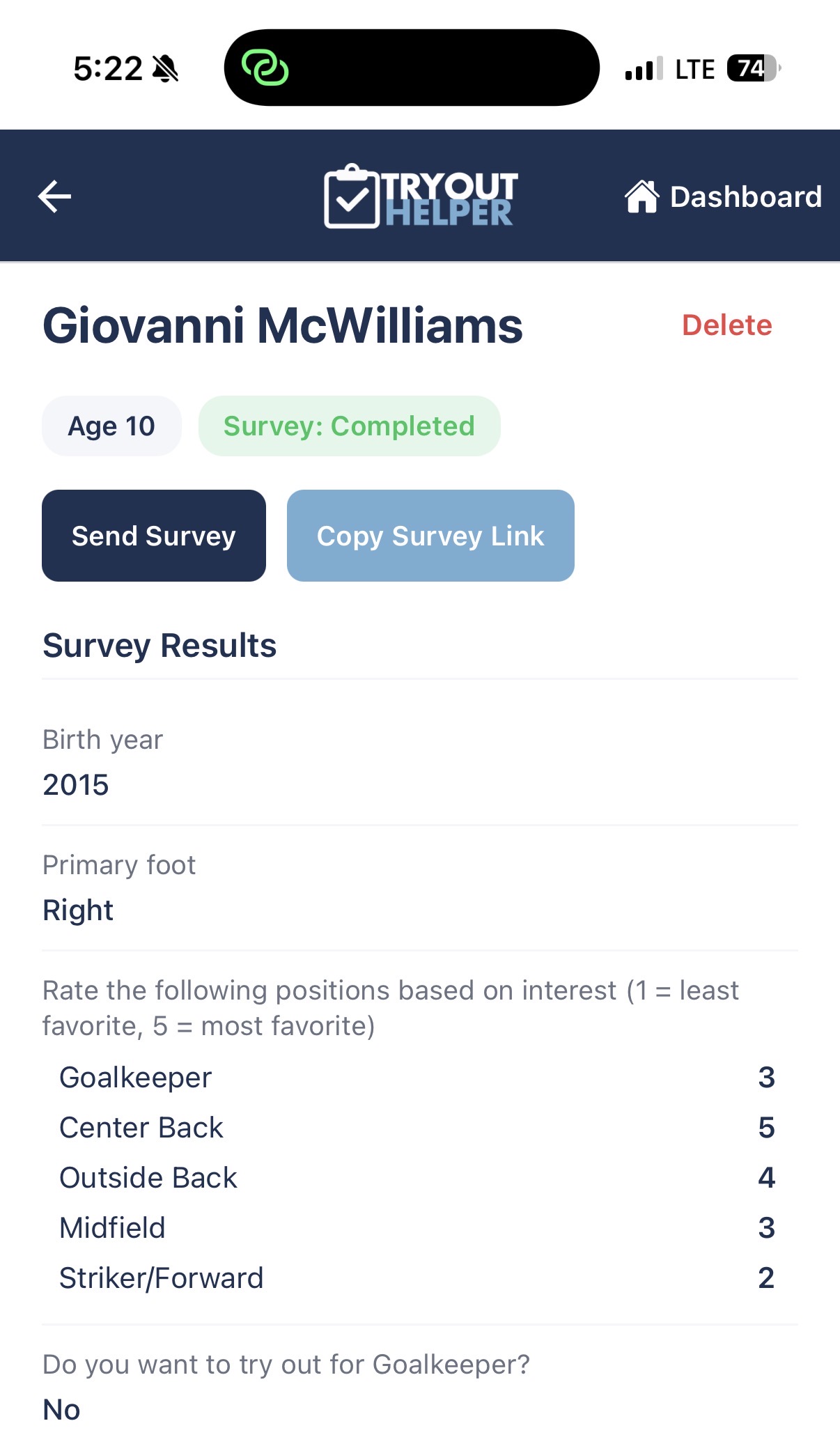 TryoutHelper player profile showing completed survey with position ratings and birth year