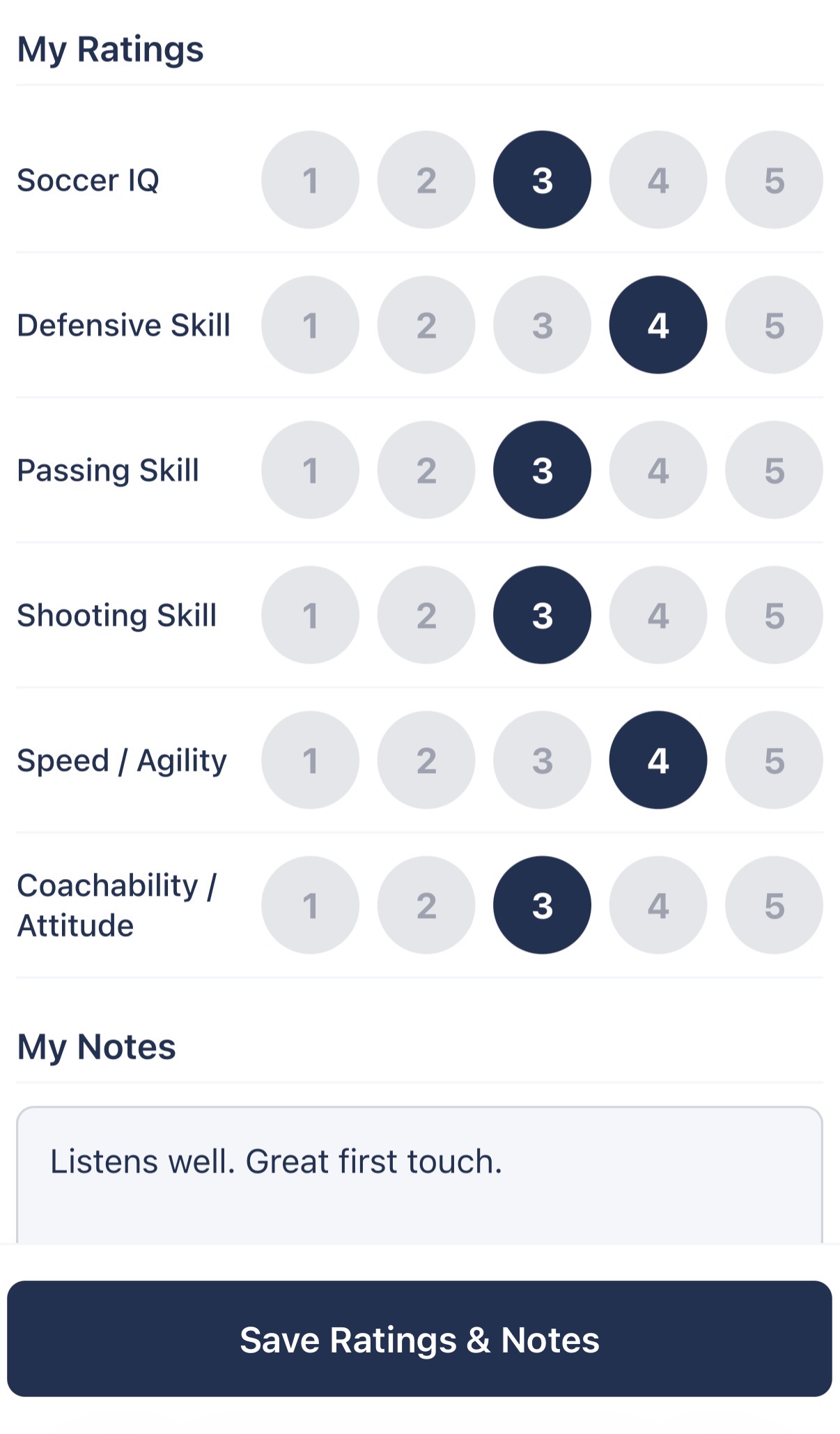TryoutHelper live rating screen showing 1-5 rating bubbles for Soccer IQ, Defensive Skill, Passing, Shooting, Speed, and Coachability