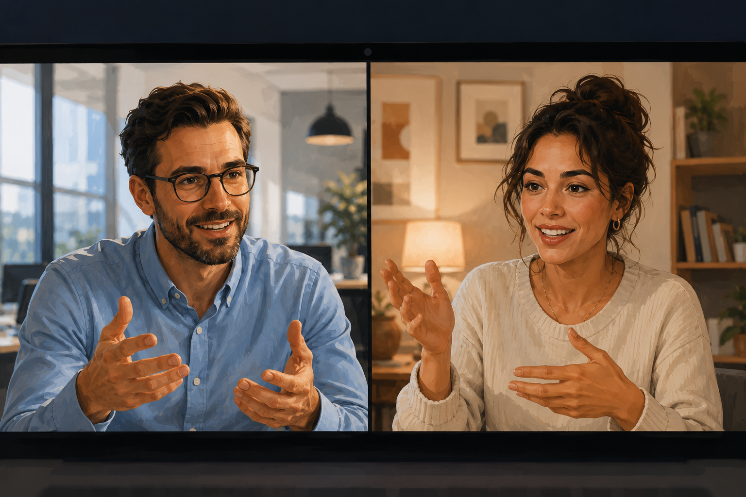Affiliate manager and a creator on a video call, both leaning toward their screens in conversation