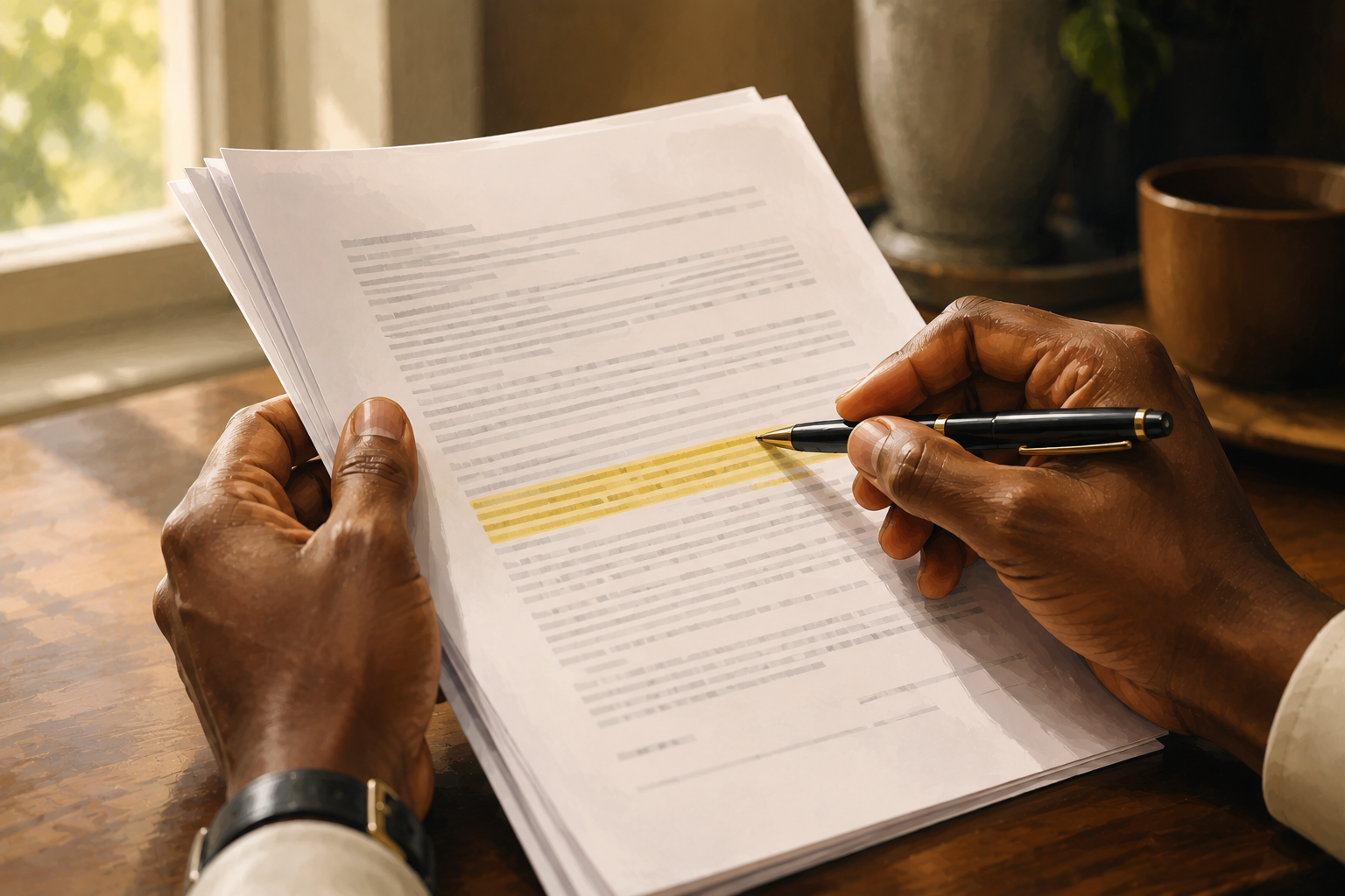 Close-up of hands holding a printed multi-page agreement document, a pen resting mid-annotation on a highlighted section, natural light from a nearby window