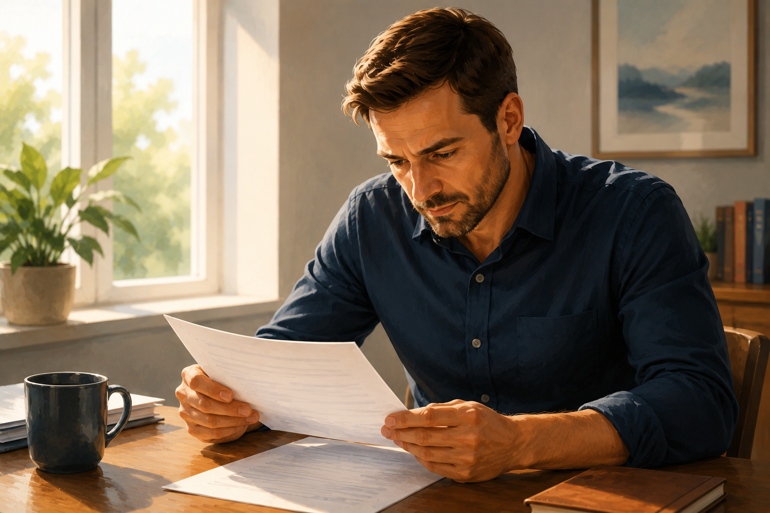 Business owner leaning forward at a desk carefully reading a document with a focused expression, morning light from a nearby window