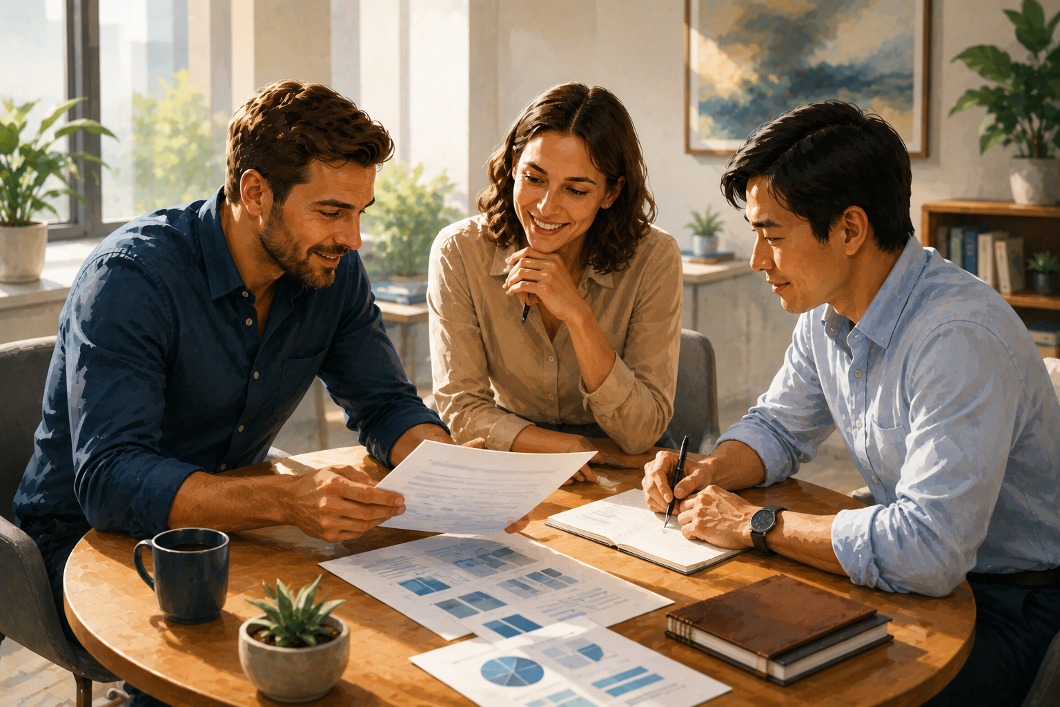 Three colleagues gathered around a small conference table reviewing printed guidelines together, bright modern workspace, engaged and collaborative