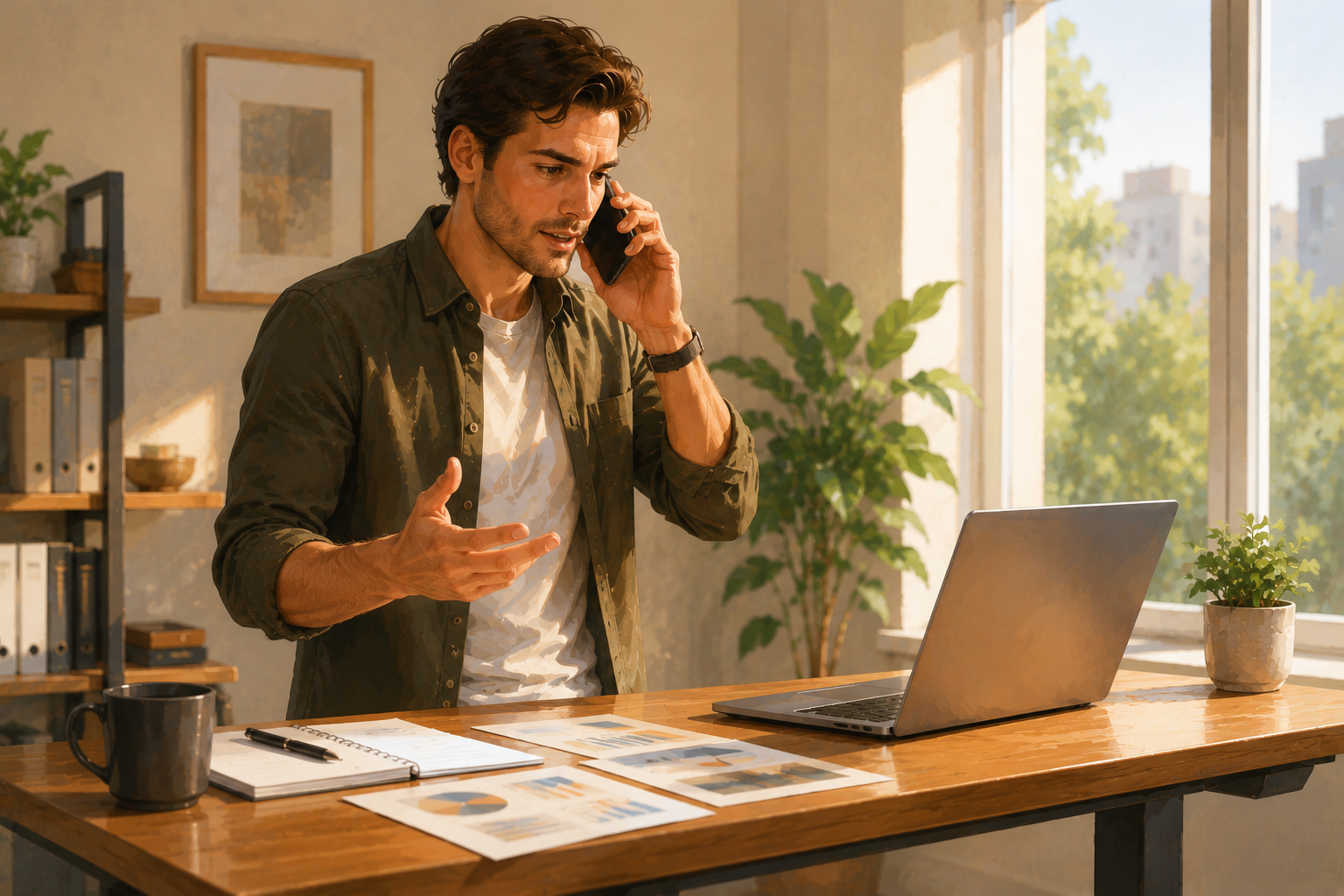 Affiliate manager on a phone call at a standing desk, laptop open with documents visible, engaged mid-conversation, afternoon light