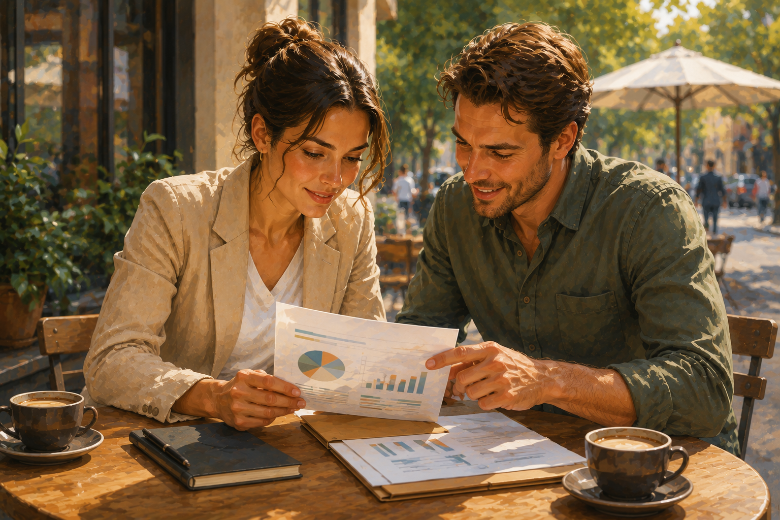 Affiliate manager and a partner in an outdoor cafe setting reviewing printed results together, collaborative and satisfied, natural light