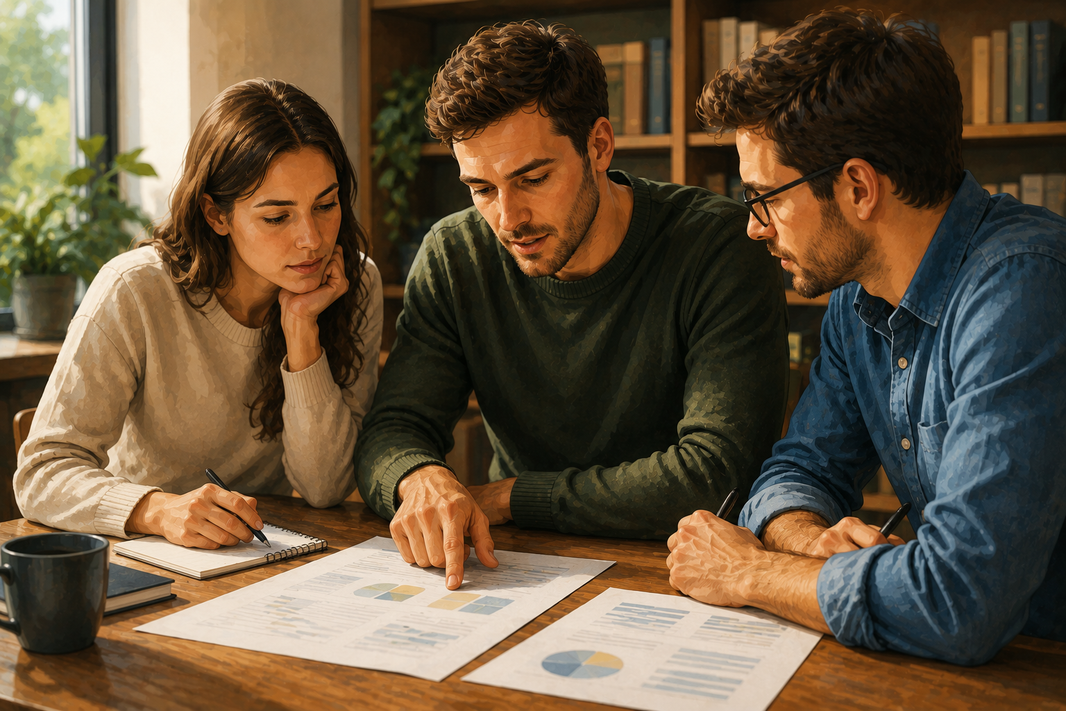 Group of three people gathered around a table reviewing documents together, collaborative scene