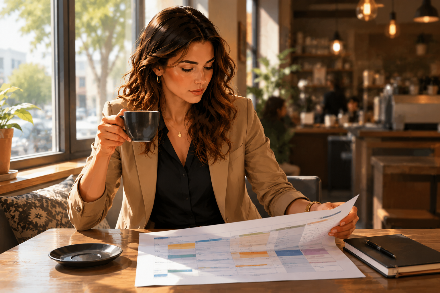 Affiliate manager at a coffee shop, reviewing a printed quarterly planning document, relaxed posture with coffee in hand
