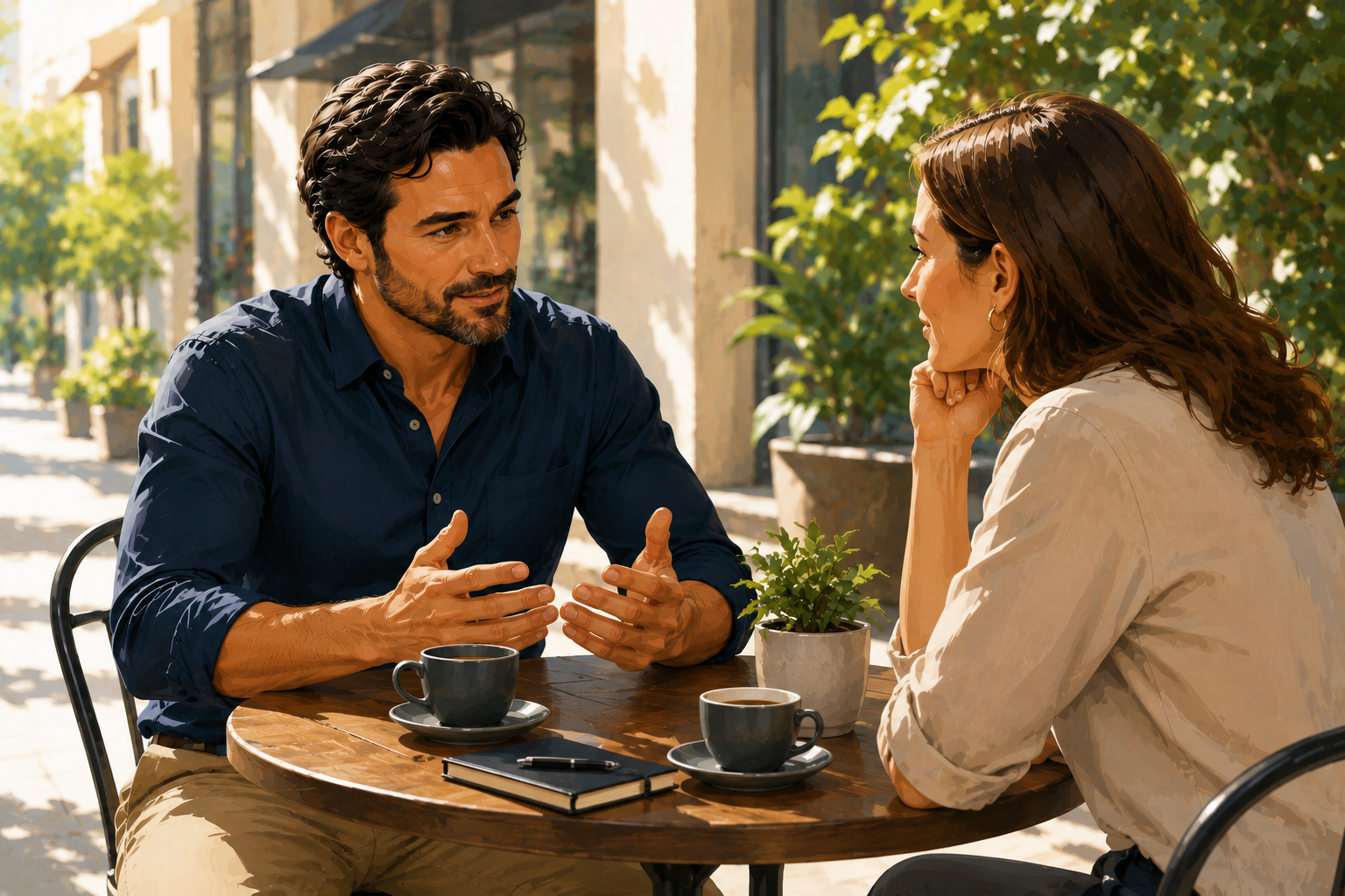 Two people seated at an outdoor cafe table in conversation, one leaning forward with focus, both relaxed and engaged, bright daylight