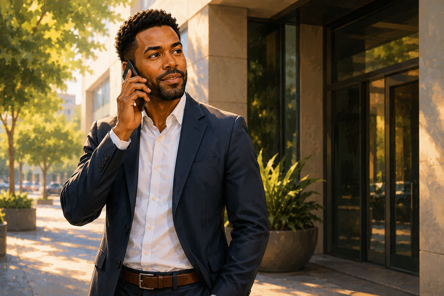 An affiliate manager on a phone call while standing near a window in a modern office, looking focused and professional, natural light, no desk in the foreground