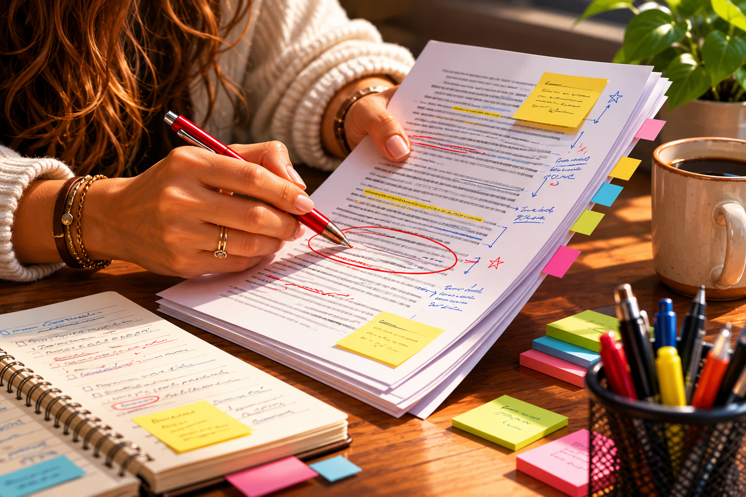 Close-up of hands holding printed website pages with a red pen making checkmarks and circling sections, notes visible alongside