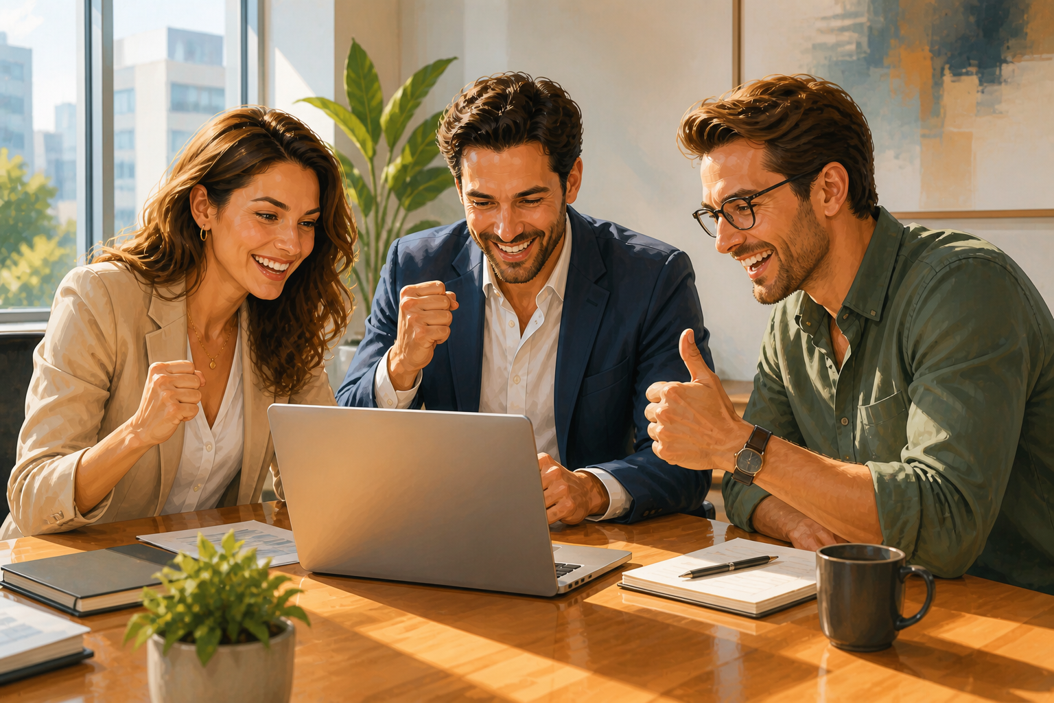 Group of three colleagues celebrating around a conference table, excited energy, bright modern workspace, midday light