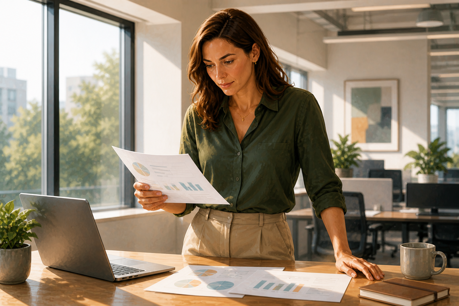 Affiliate manager reviewing program reports at a standing desk in a bright office, focused expression