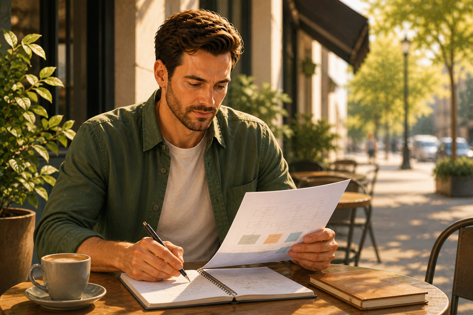 Business owner sitting at an outdoor table reviewing program notes, afternoon sun, relaxed posture