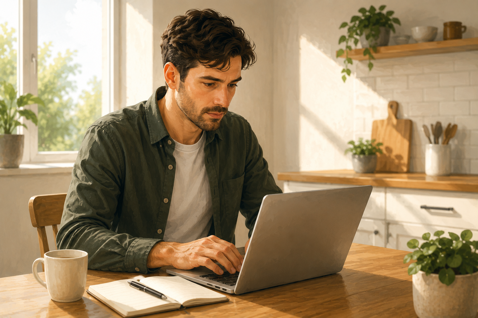Person at a kitchen table writing on a laptop, morning light from a window, relaxed posture, small notebook open beside the laptop