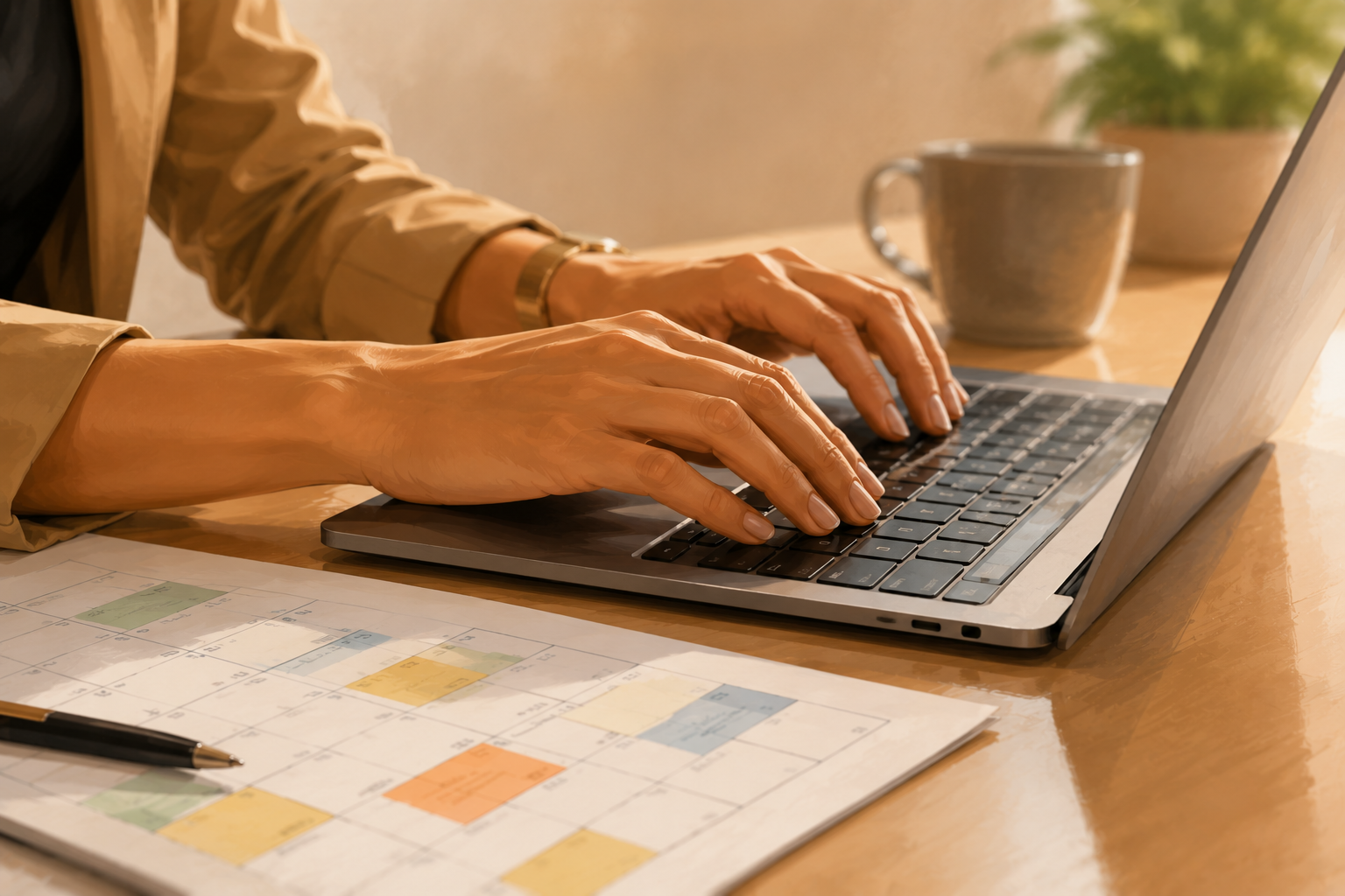 Close-up of hands sending a calendar invite on a laptop, coffee cup beside the keyboard