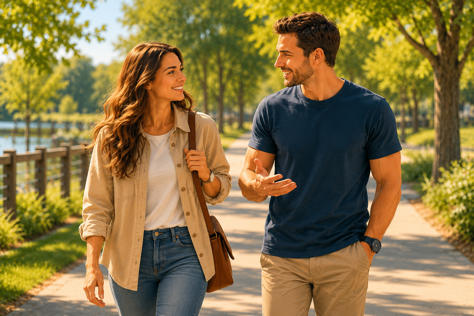 Two people walking together outdoors on a sunny path, comfortable and in conversation