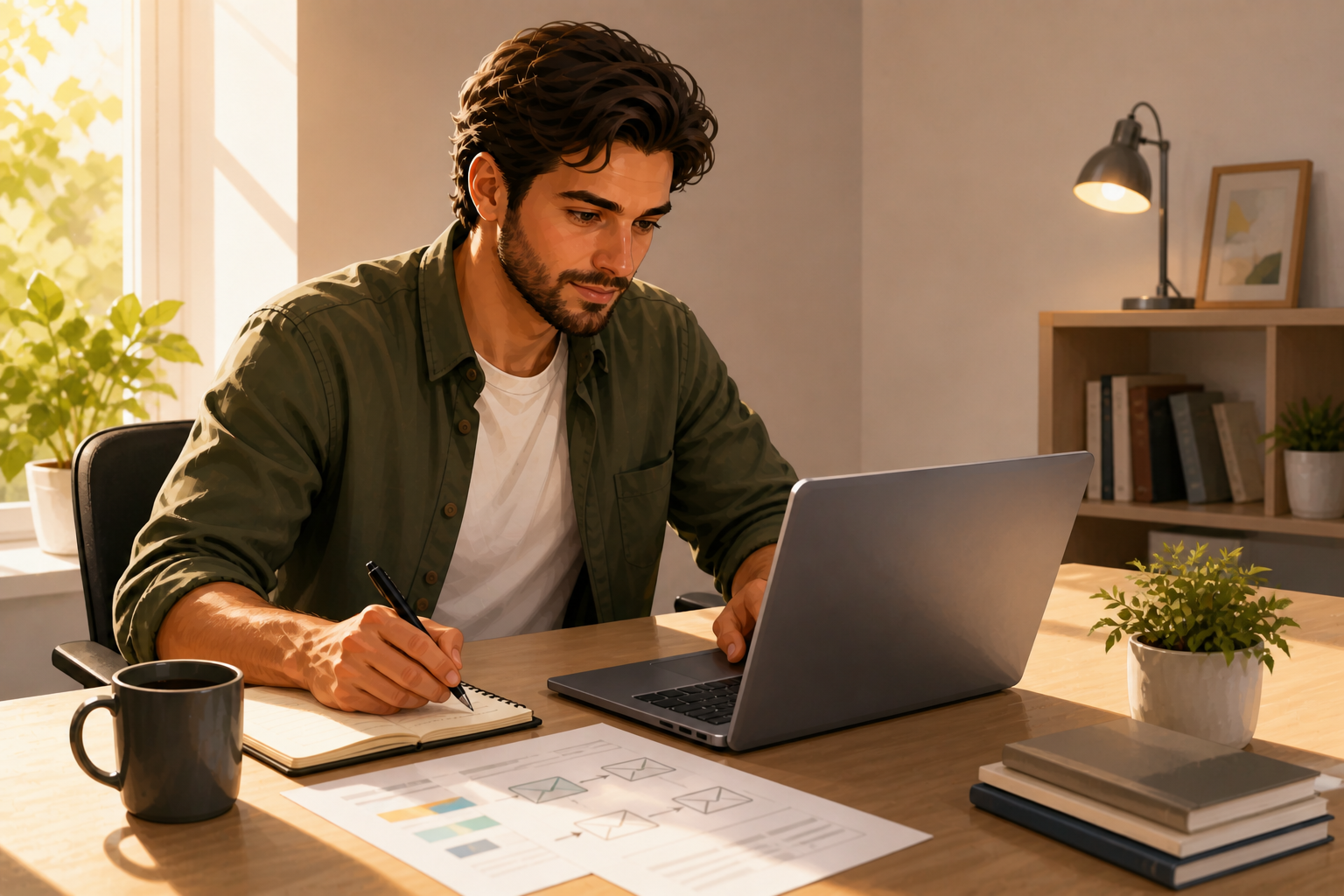 Affiliate marketer at a clean desk drafting an email sequence, printed notes beside a laptop, focused posture, afternoon light