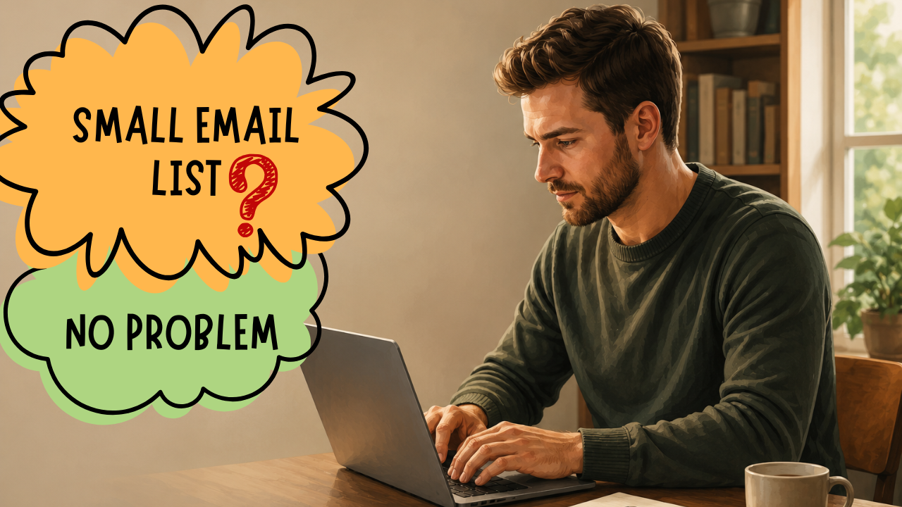 Affiliate marketer at a desk composing a promotion email, subject offset left with open negative space on the right