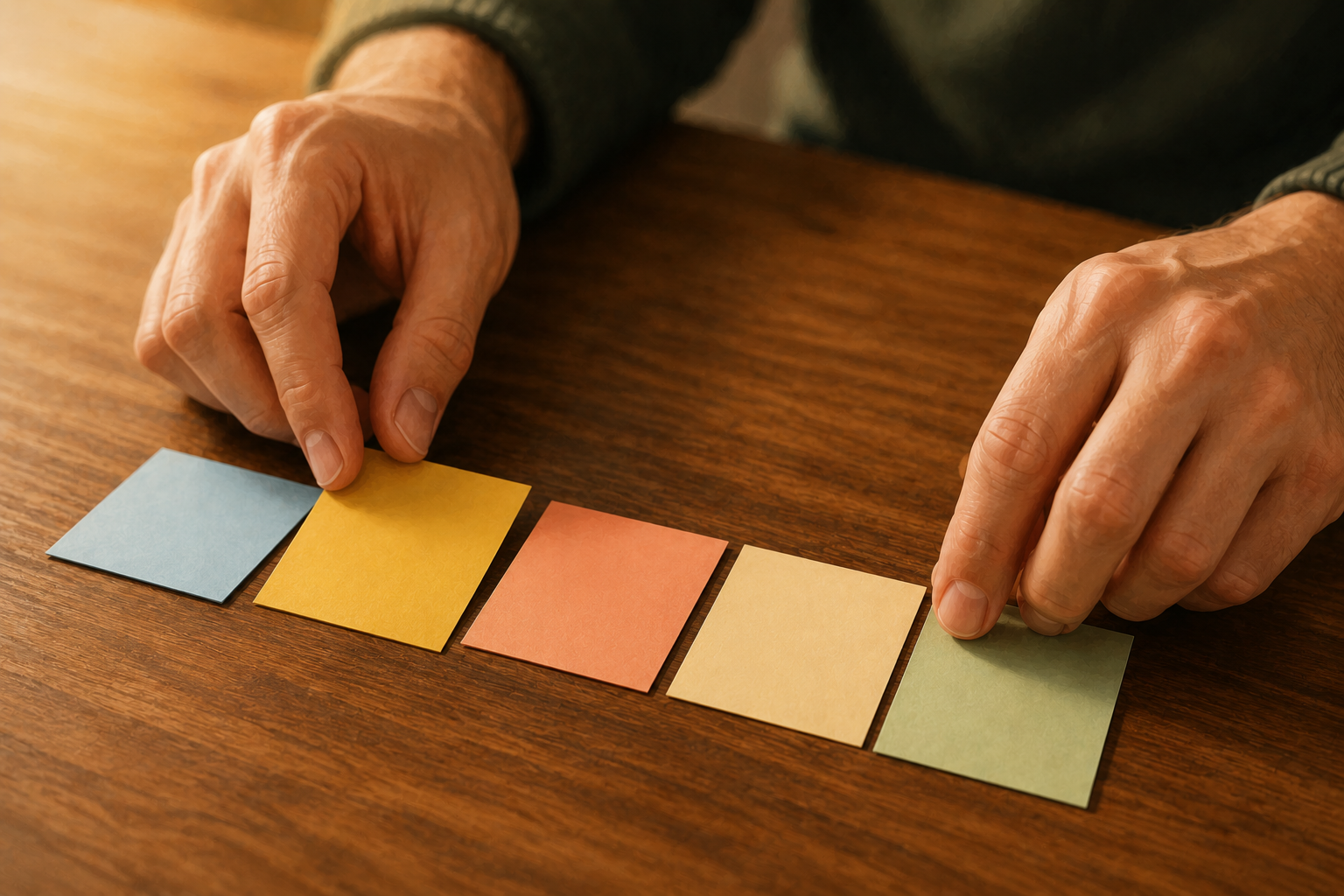 Close-up of two hands arranging small cards in a row on a wooden table, organizing a sequence
