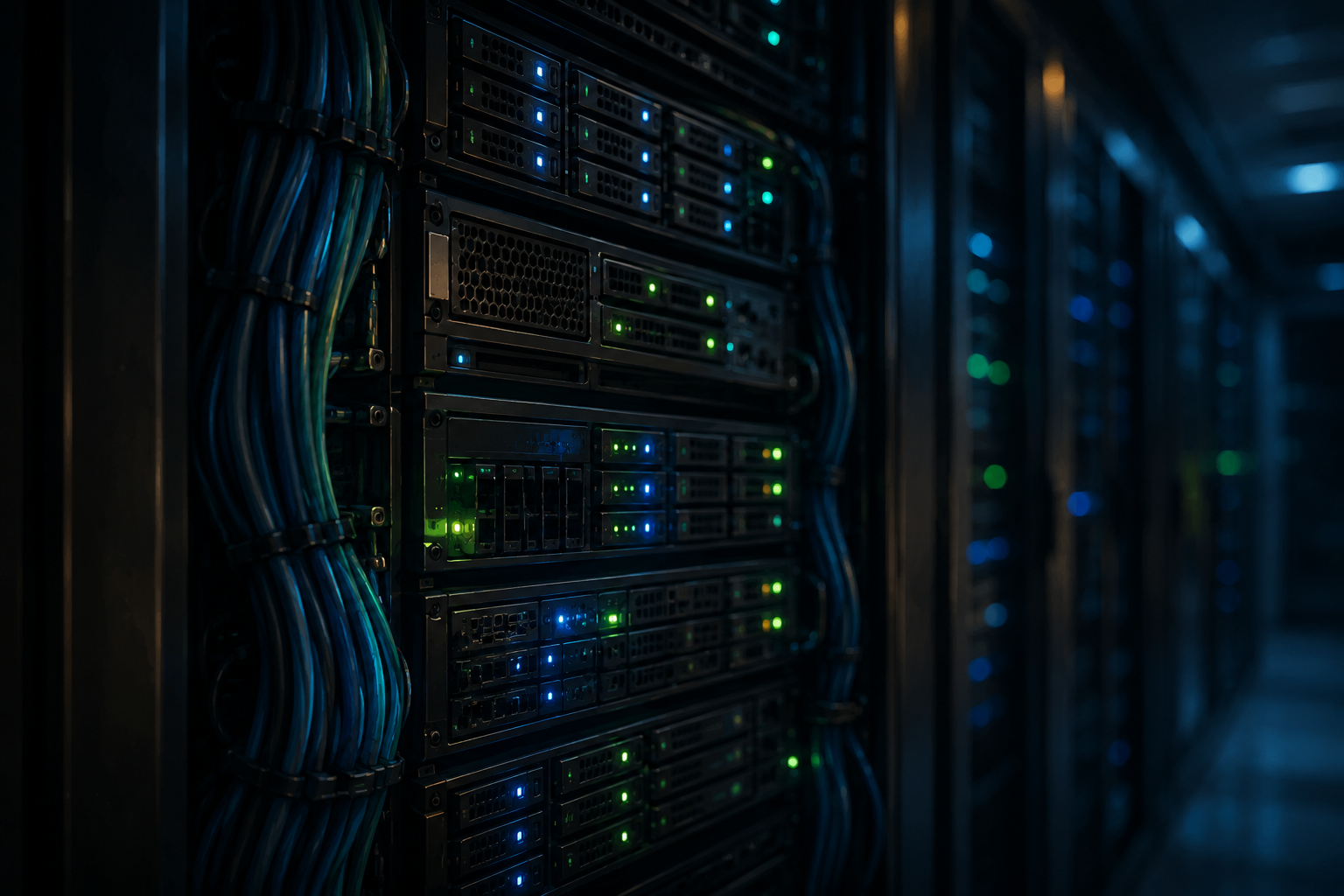 Close-up of illuminated server rack panels with blue indicator lights in a dim data center corridor