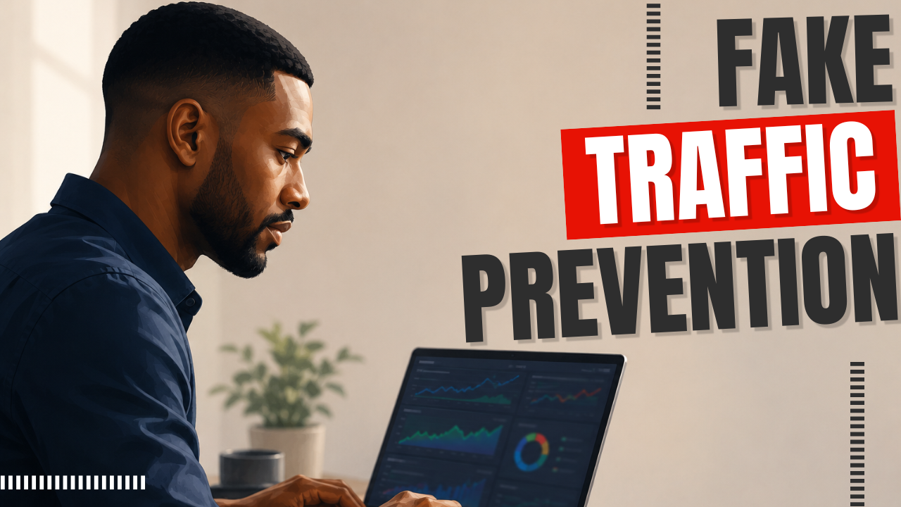 Affiliate manager reviewing traffic analytics on laptop with dashboard data visible