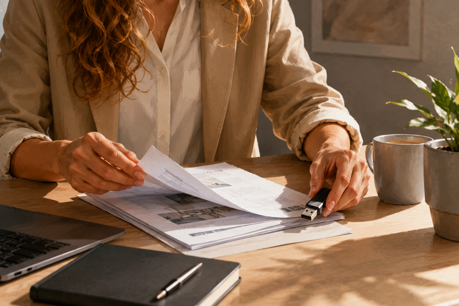 Close-up of hands organizing printed documents and digital assets at a desk, organized and purposeful