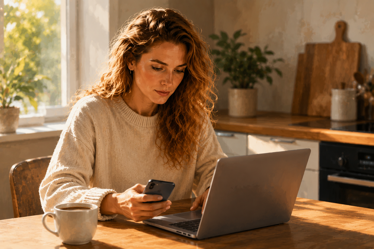 Person at a kitchen table with a laptop and phone, engaged in real-time monitoring, warm morning light, relaxed but focused