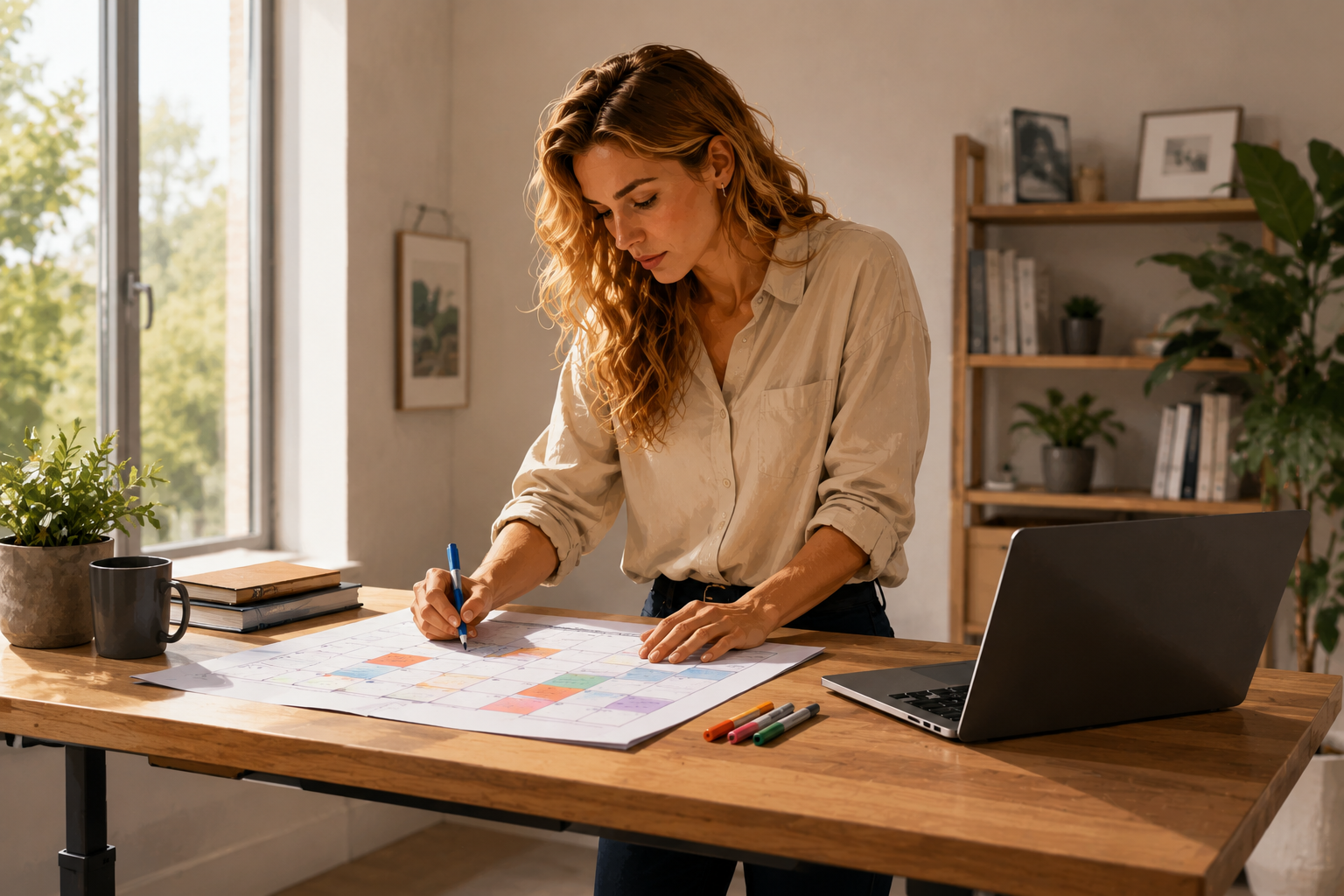 Person at a standing desk mapping out a timeline on a large calendar, focused expression, natural office light