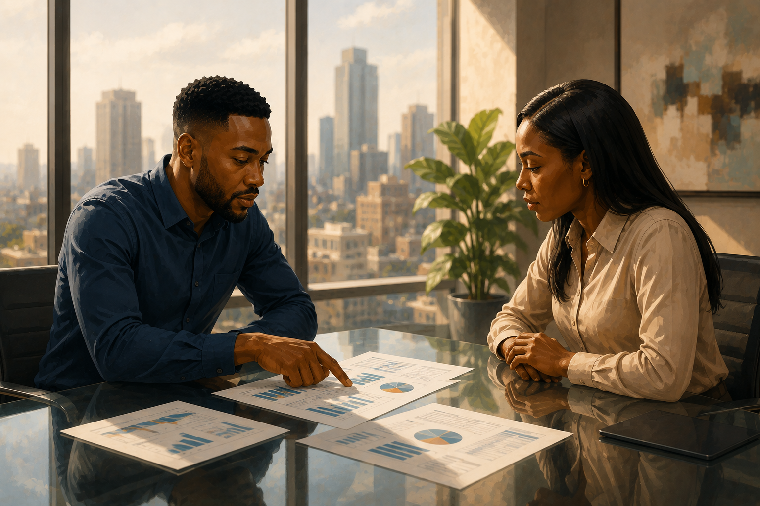 Two affiliate managers sitting across from each other at a glass table with printed reports spread between them, one pointing to a figure on paper