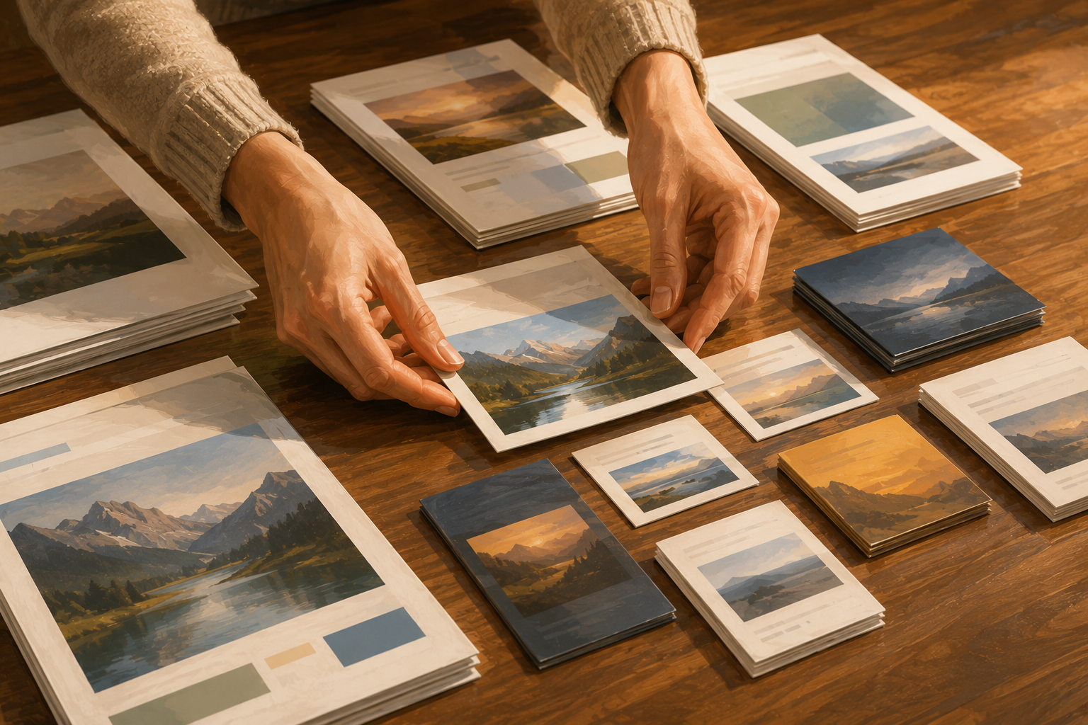 Close-up of hands arranging different sized printed cards and documents on a wooden surface, organized into groups