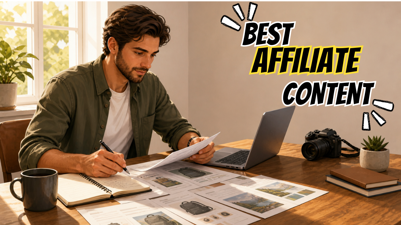 Affiliate marketer reviewing content drafts spread across a bright wooden desk, warm natural light from a window on the left, 35% open space on the right