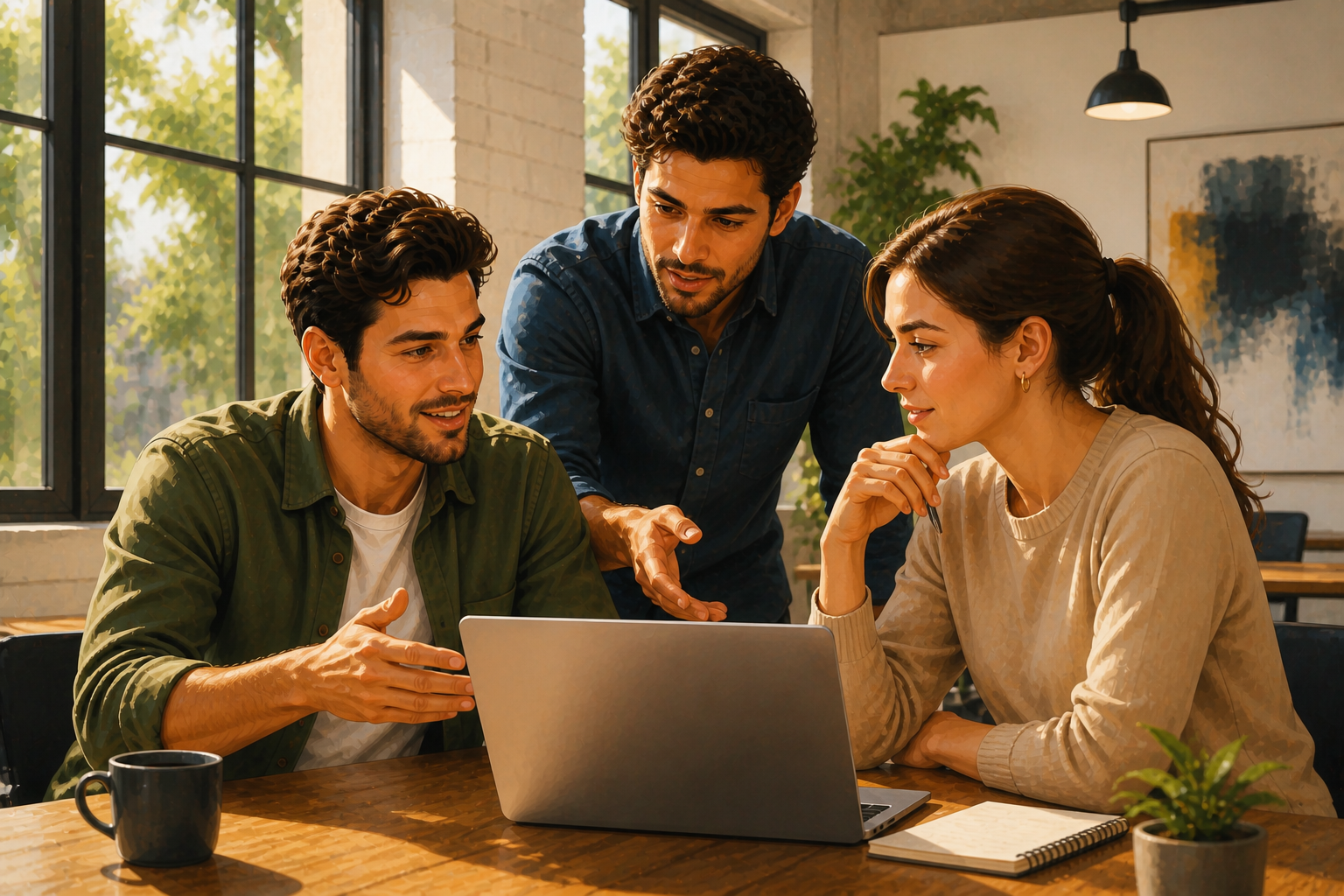 Group of three people in a bright modern workspace, two seated and one standing, all talking and gesturing toward an open laptop, collaborative energy