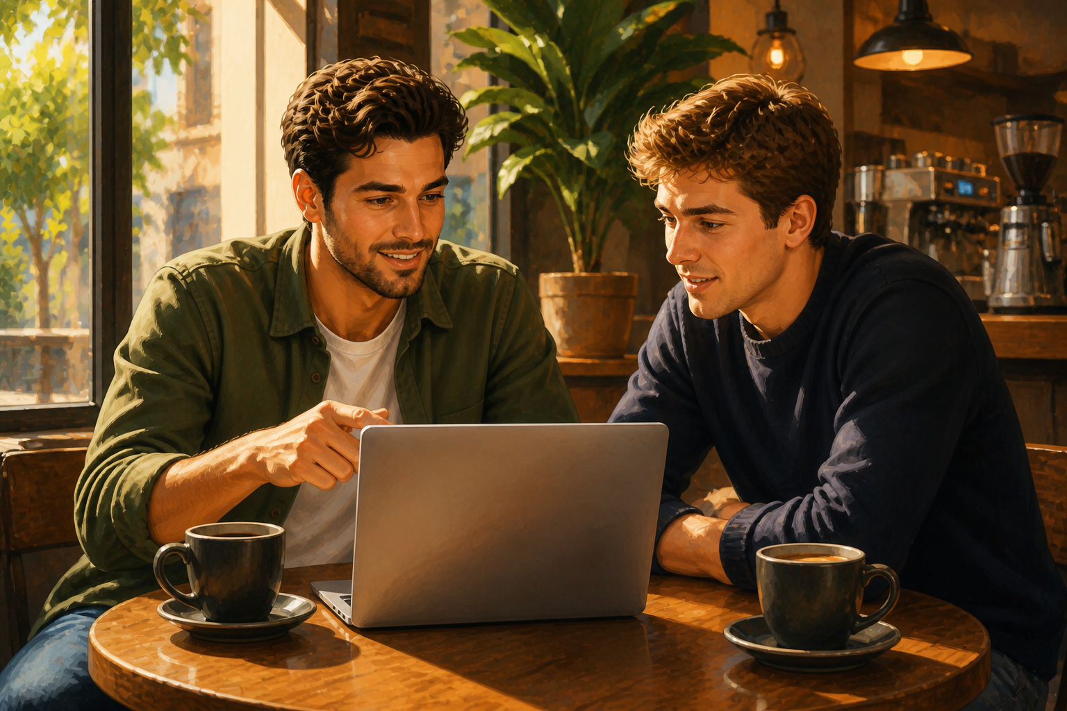 Two people at a small table in a coffee shop, one with a laptop open, both looking at the screen and talking, engaged and relaxed